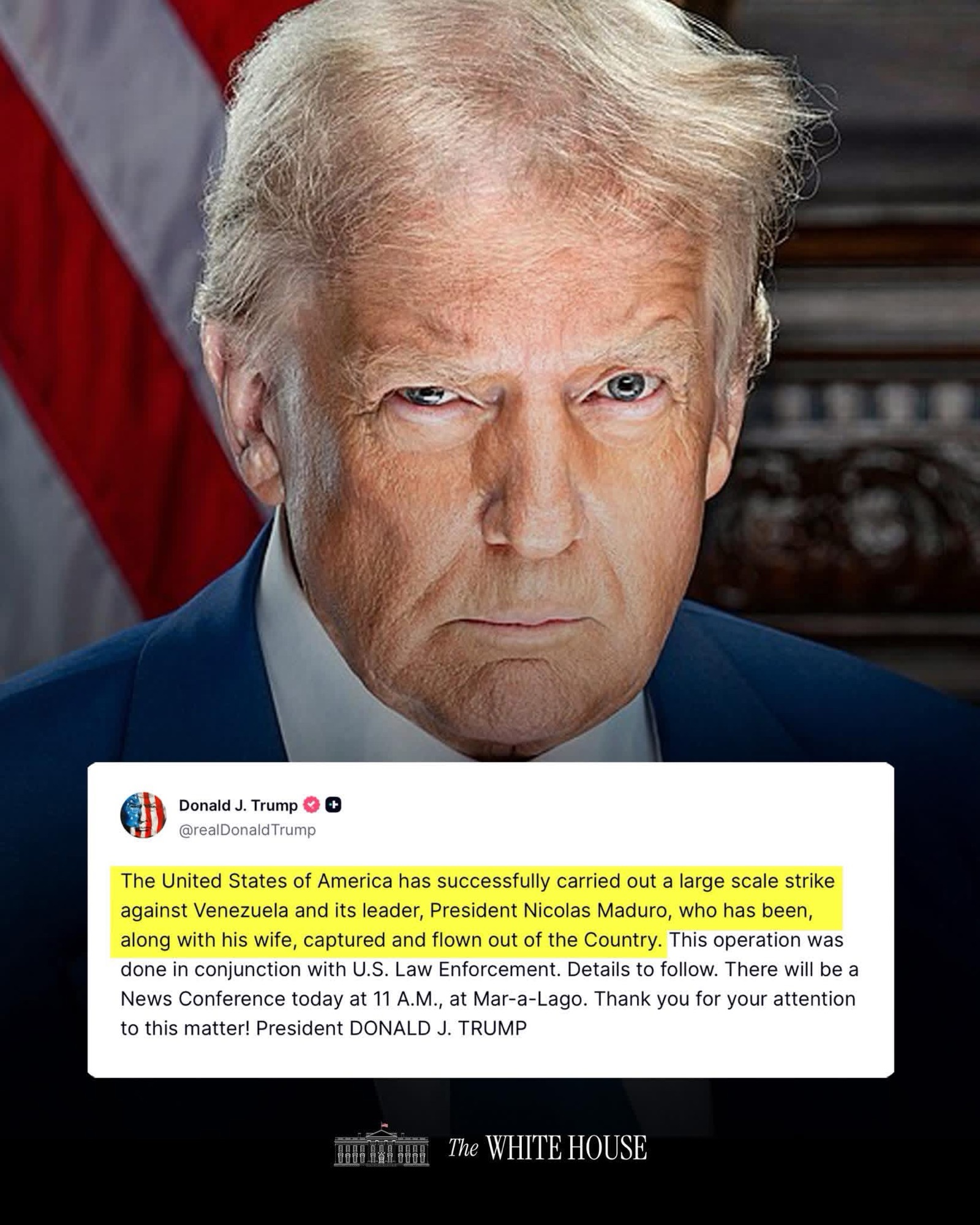 වෙනිසියුලානු ජනාධිපති සහ බිරිඳ අමෙරිකානු හමුදා භාරයට ගෙන රටින් පිටතට රැගෙන යයි